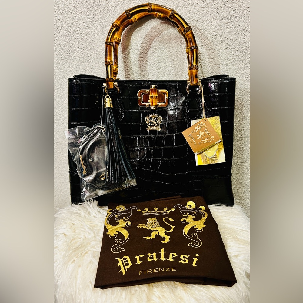 Pratesi Firenze Black Crocodile-Embossed Bamboo Handle Handbag NWT